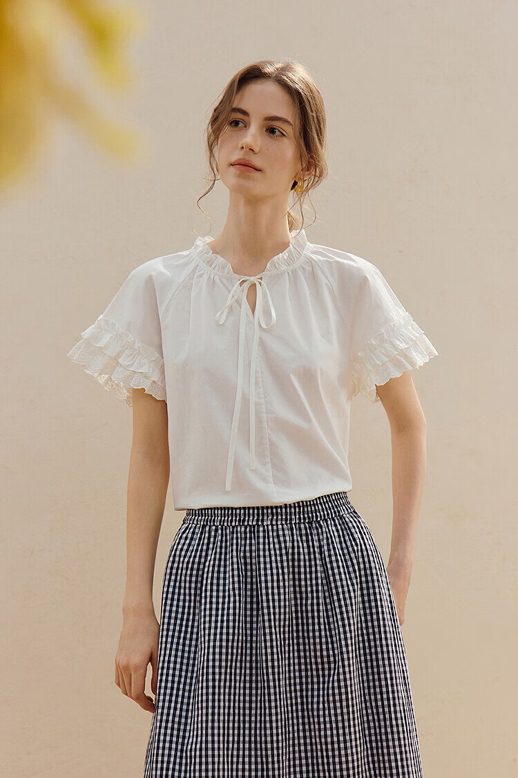 INMAN 100% Xinjiang Cotton Lace-up Ruffle Short Sleeve Shirt 2026 Summer New Loose Women's Top 2
